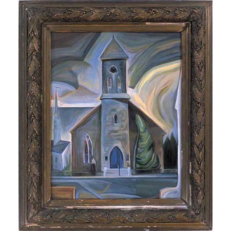 First Church          Oil/Canvas, image 20x16in, in antique frame